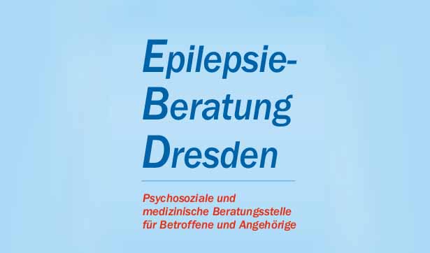Grafik mit blauem Hintergrund, in dunkelblauer Schrift steht: Epilepsiebertung Dresden, in roter Schrift darunter: psychosoziale und medizinische Beratungsstelle für Betroffene und Angehörige