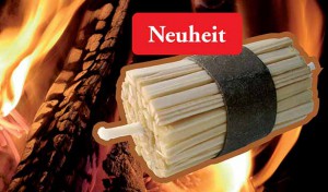 Grafik: ein Bündel K-lumet mit der Aufschrift "Neuheit", dahinter ein Feuer mit brennendem Holz